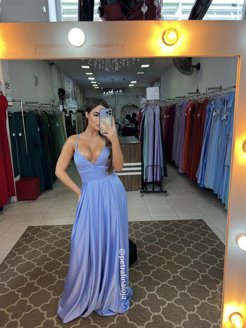 VESTIDO ALCINHA COM DECOTE FENDA LISO VESTIDO DE FESTA PETRA FINA